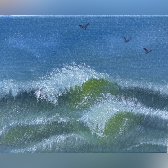 hand painted Other - Seascape Canvas Art with Blue and Green Waves Painting